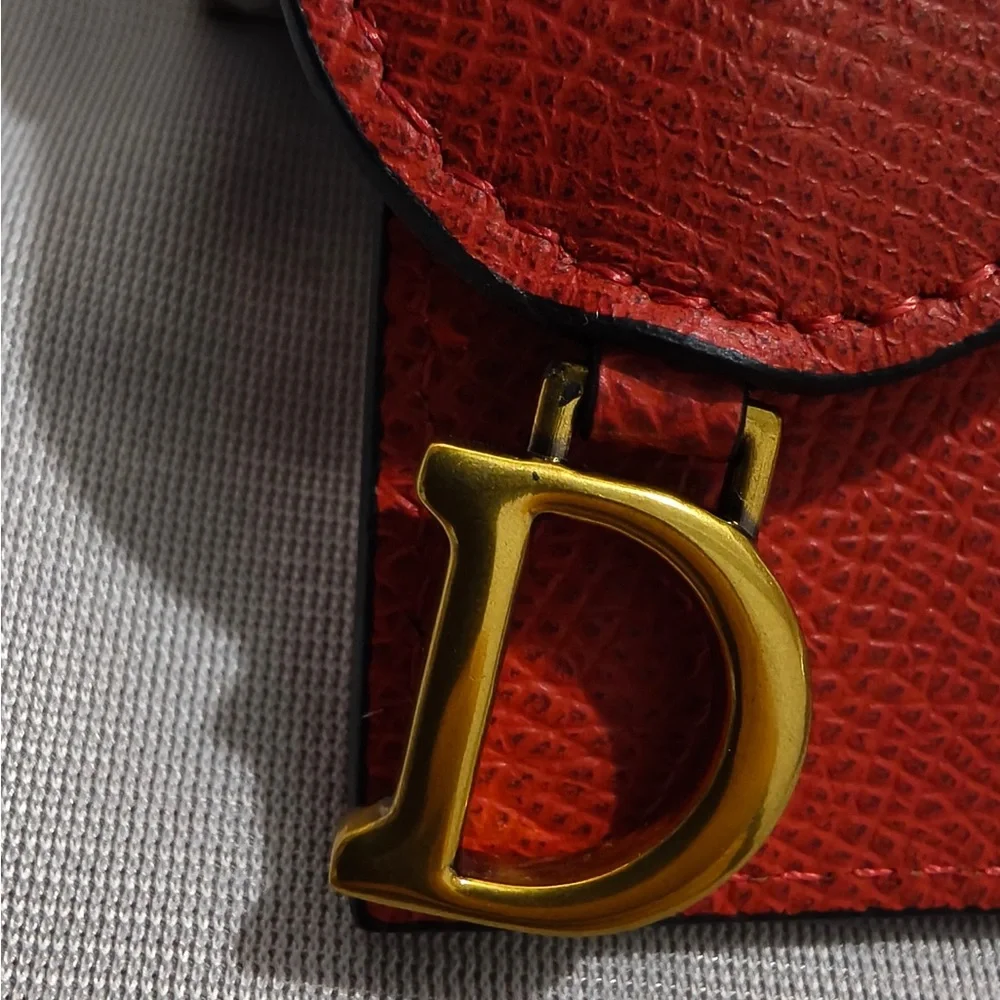 Dior Red Grained Leather Saddle Card Case with Gold 'D' Charm